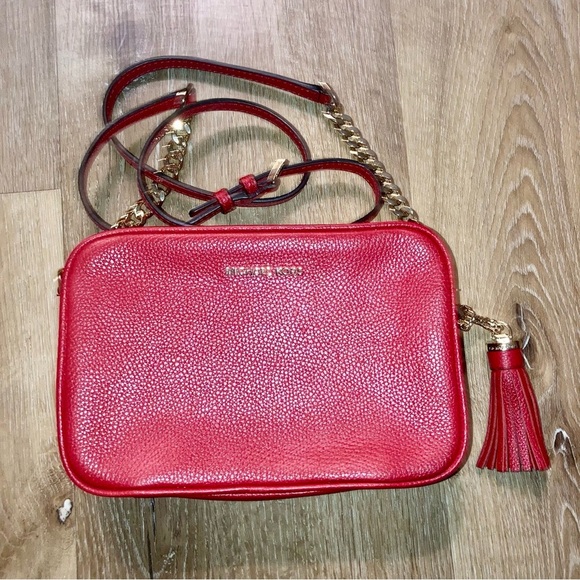 Michael Kors Crossbody Bag Leather  Red with Gold Chain - Picture 2 of 9